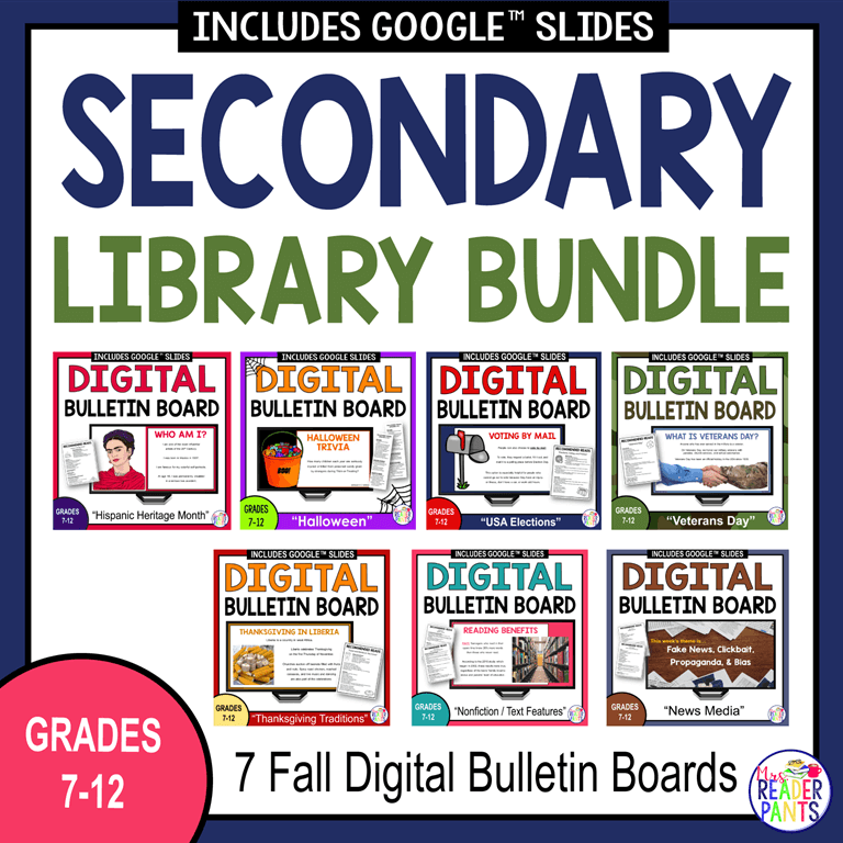 This Fall Digital Bulletin Board Bundle is for middle school library and high school library.
