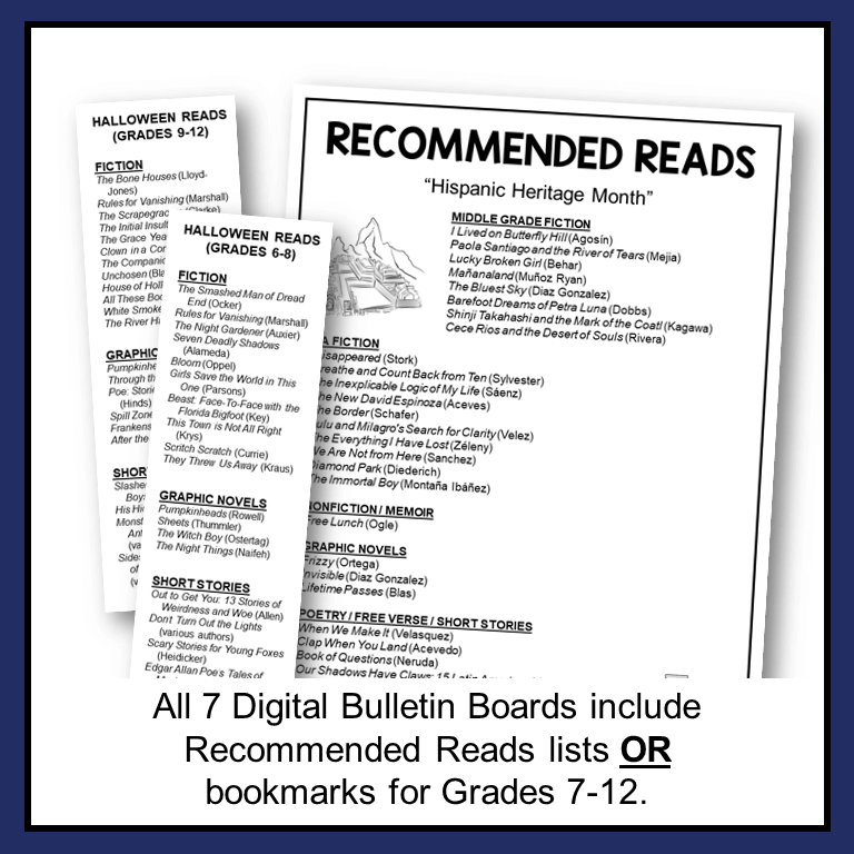 This Fall Digital Bulletin Board Bundle includes recommended reads lists OR bookmarks for each topic.
