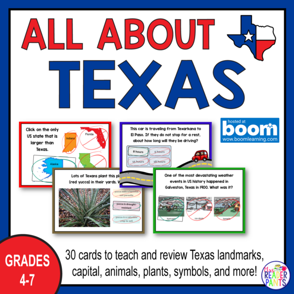 This is a set of 30 Texas Boom Cards. It is for Grades 4-7 and includes 30 interactive cards.