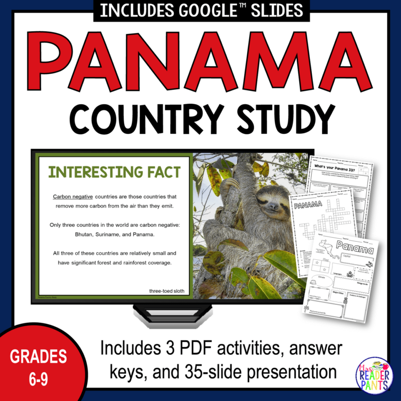 This Panama Country Study is for Grades 6-9. It includes a 35-slide presentation and three PDF activities, plus answer keys.
