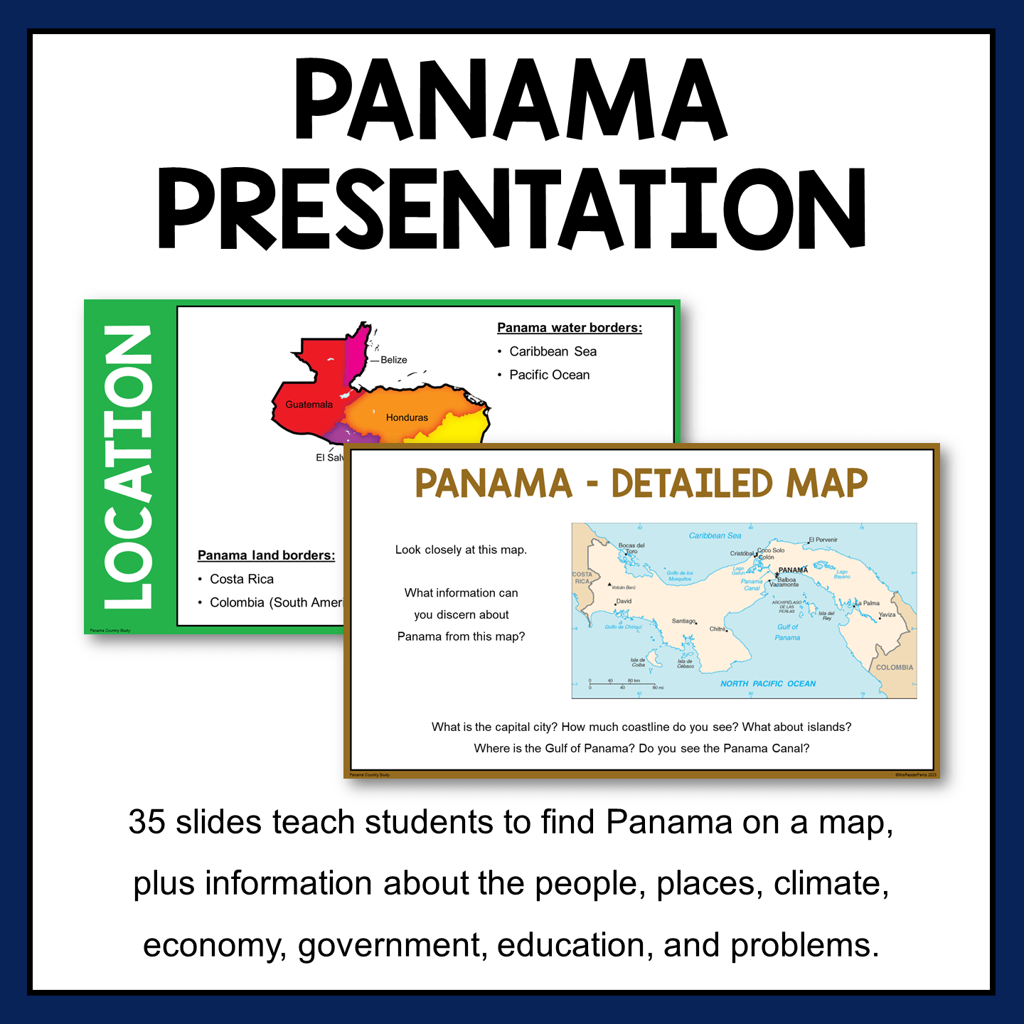 This Panama Country Study includes a 35-slide presentation. Editable in Google Slides and PowerPoint.