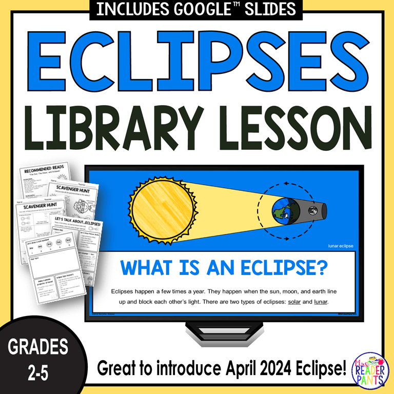 This is an Eclipse Library Lesson for Grades 2-5. It does mention the upcoming April 8, 2024 eclipse.