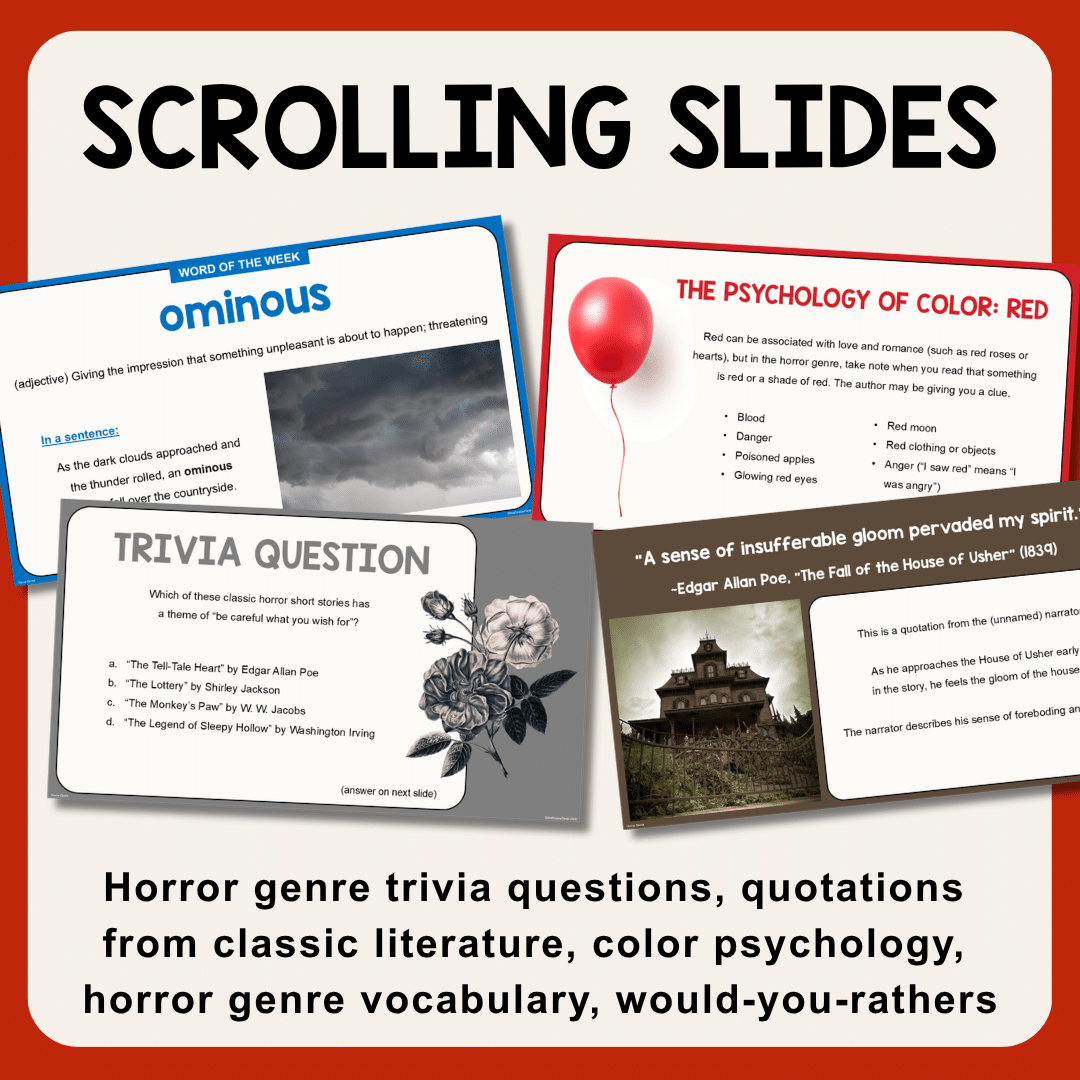 This Horror Genre Library Lesson is for middle school library and high school library. Special emphasis on gothic literature. Recommended for Grades 7-12.