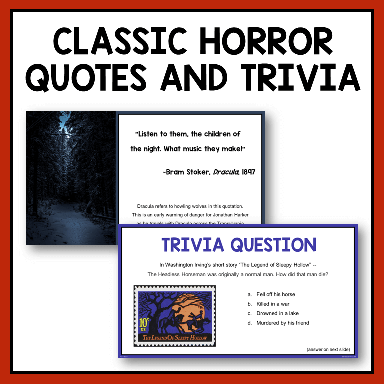 This Horror Genre Library Lesson is for middle school library and high school library. Special emphasis on gothic literature. Recommended for Grades 7-12. Includes classic horror quotes and trivia.