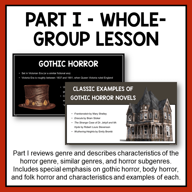 This Horror Genre Library Lesson is for middle school library and high school library. Special emphasis on gothic literature. Recommended for Grades 7-12. Includes two parts--a whole-class lesson and a scrolling slideshow.