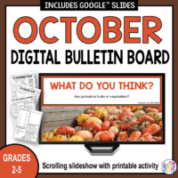 This October Digital Bulletin Board is for Grades 2-5. Includes lesser-known October celebrations, famous October birthdays, October trivia, vocabulary, fun facts, and more!