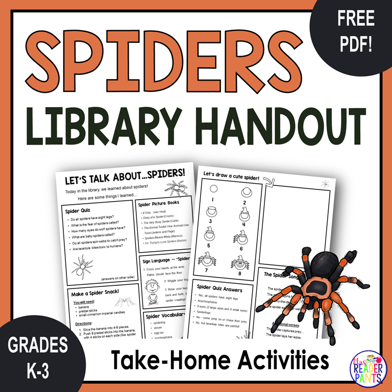 This is a free Spiders Library Handout for Grades K-3. It's two pages of spider-related activities, perfect for after Spider Storytime!