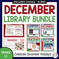 This December Elementary Library Bundle includes two library lessons, an early finisher activity booklet, and December display posters.