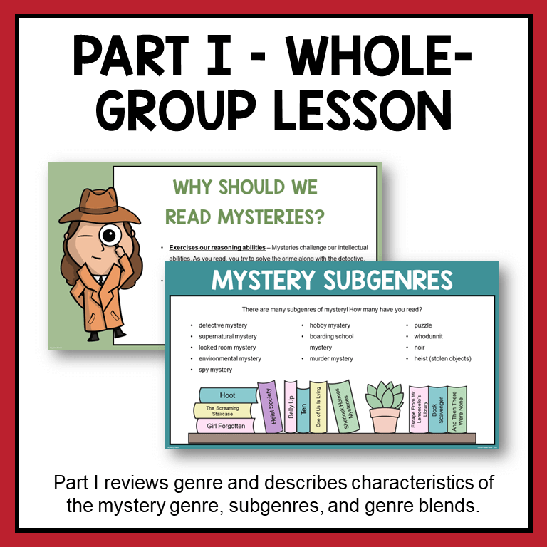 This Mystery Genre Library Lesson is for secondary school libraries. It includes two parts. Part I is a whole group library lesson. Part II is a scrolling slideshow about the mystery genre.