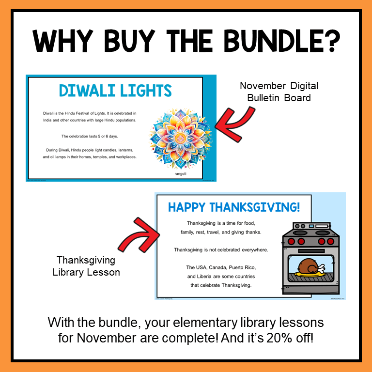 This November Elementary Library Bundle includes five library lessons, an early finisher activity booklet, and November display posters. The bundle is 20% off the regular price.