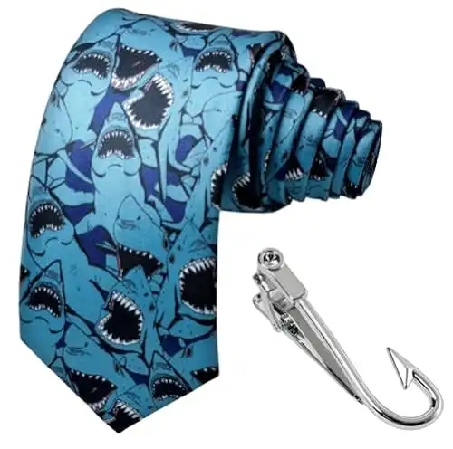 Vokkeno Men's Fun Fish & Ocean Neckties with Fishing Hooks Metal Tie Clips Set, Sea Animals Fish Shark Designed Slim (Sharks)