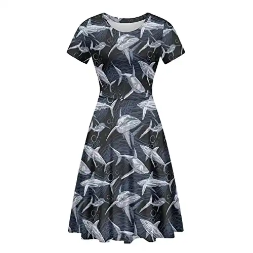 POLERO Shark Dress for Women Sharks Puffy Dress Short Sleeve Midi Dresses Casual Crewneck A Line Dresses Size L