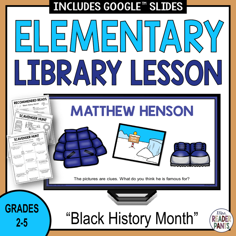 This Black History Month Library Lesson is for Grades 2-5. Includes Google Slides, PowerPoint, and PDF versions.