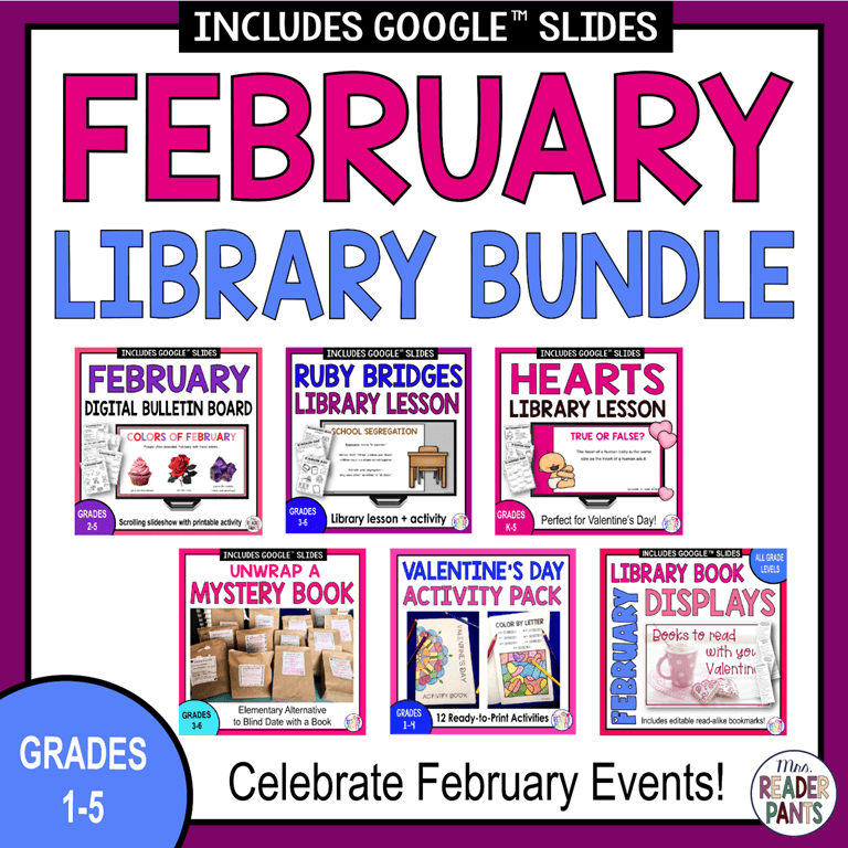 This February Library Lesson Bundle includes six library lessons and activities for Grades 1-5.
