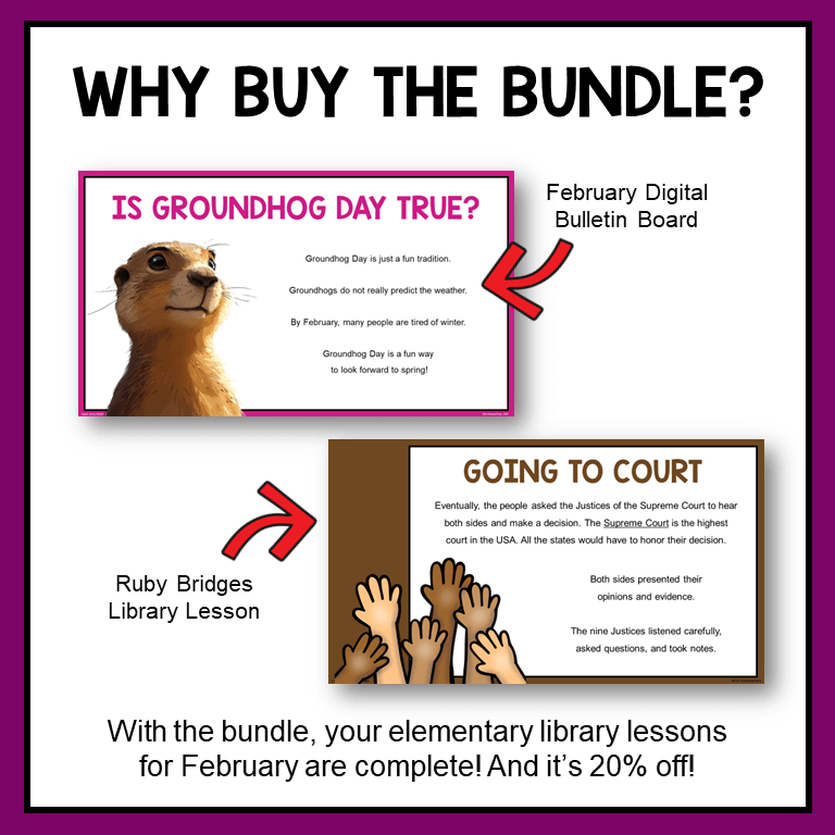 This February Library Lesson Bundle includes six library lessons and activities for Grades 1-5. The bundle is 20% off the regular price for all six resources.