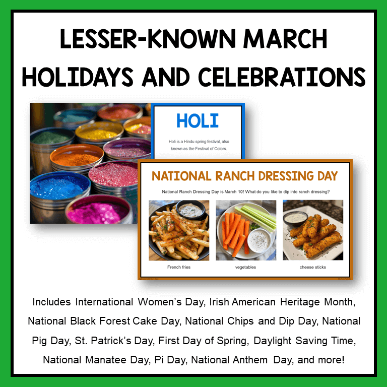 This March Digital Bulletin Board is about March holidays and celebrations. Recommended for Grades 2-5. Includes Google Slides version.
