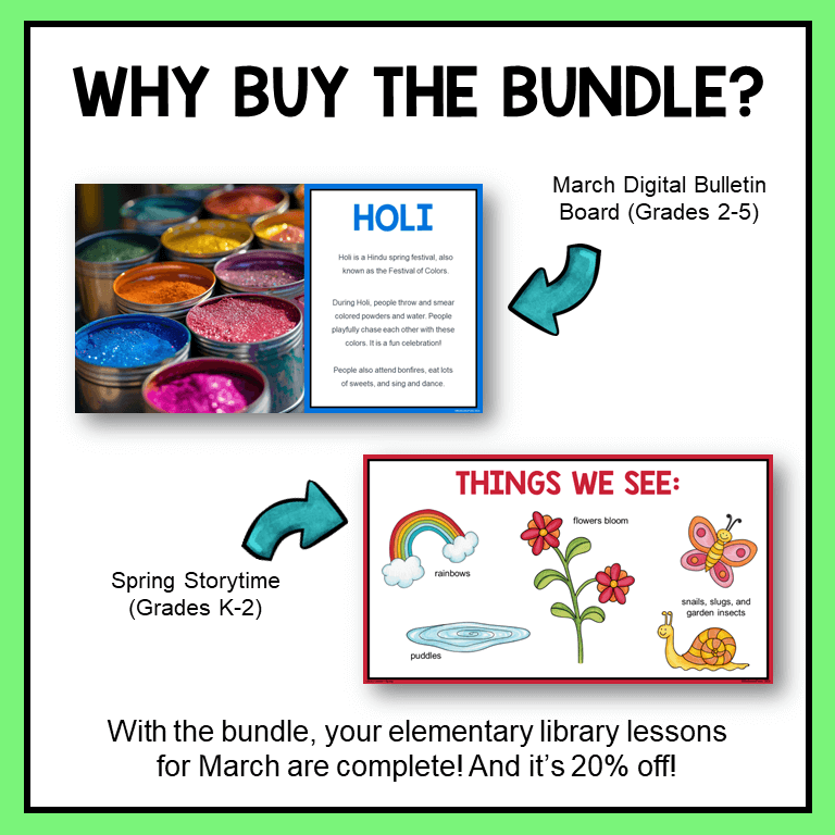This March Library Lesson Bundle is for librarians serving Grades K-5. The bundle is 20% off regular price for all eight resources.