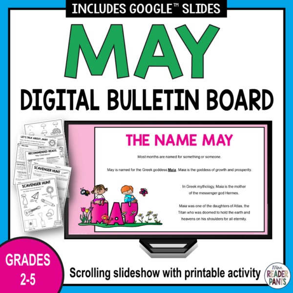This May Digital Bulletin Board is for elementary librarians serving Grades 2-5. Editable in PowerPoint and Google Slides.