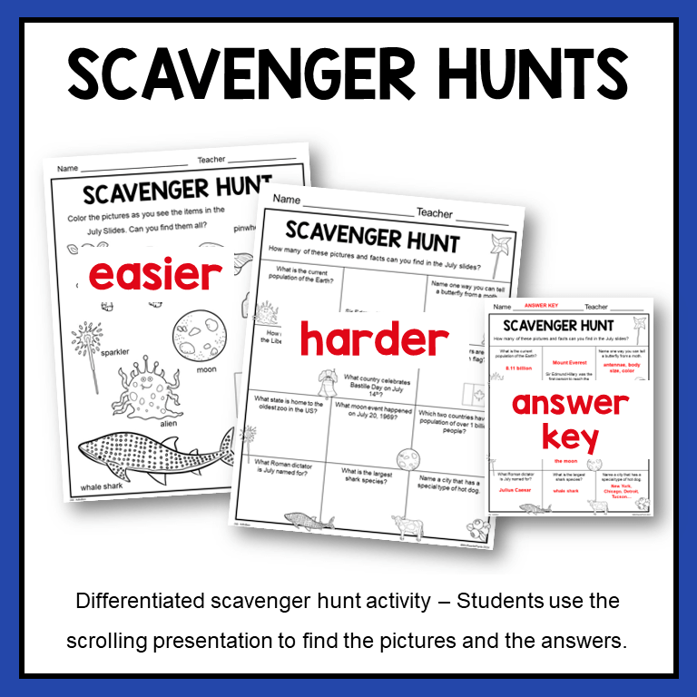 This July Digital Bulletin Board is for elementary libraries serving Grades 2-5. Includes two differentiated scavenger hunt activities and answer key.