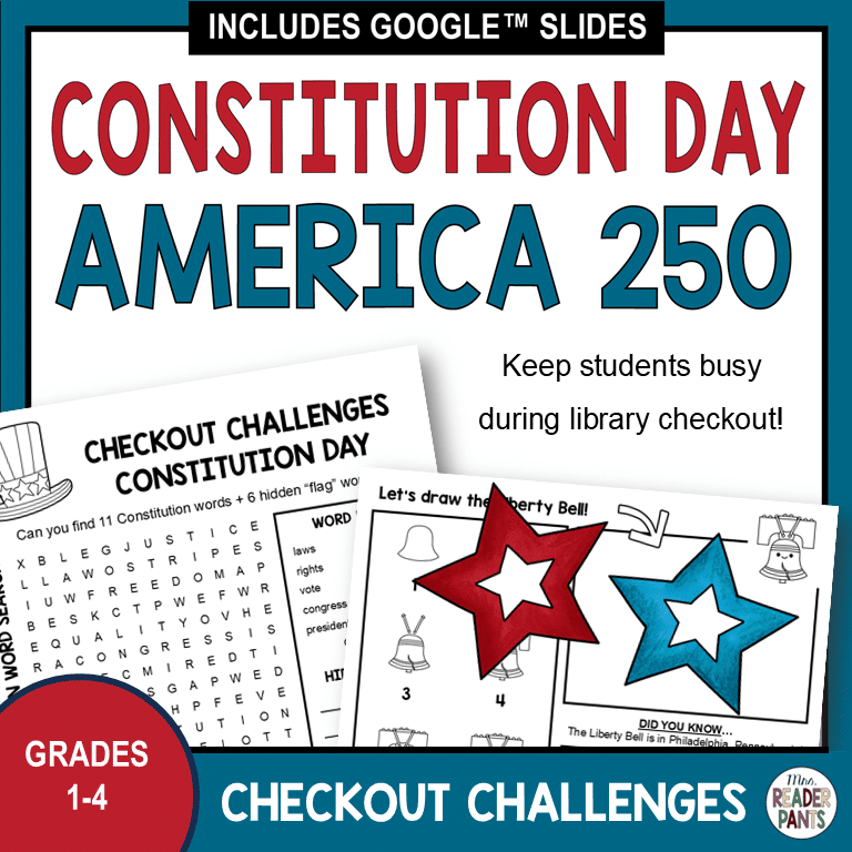 These Constitution Day Checkout Challenges also work for America 250. They are designed to keep students engaged during library checkout. Two printable pages, no-prep!