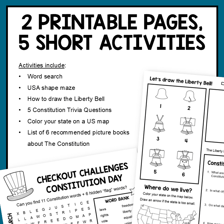 These Constitution Day Checkout Challenges also work for America 250. They are designed to keep students engaged during library checkout. Two printable pages, no-prep!