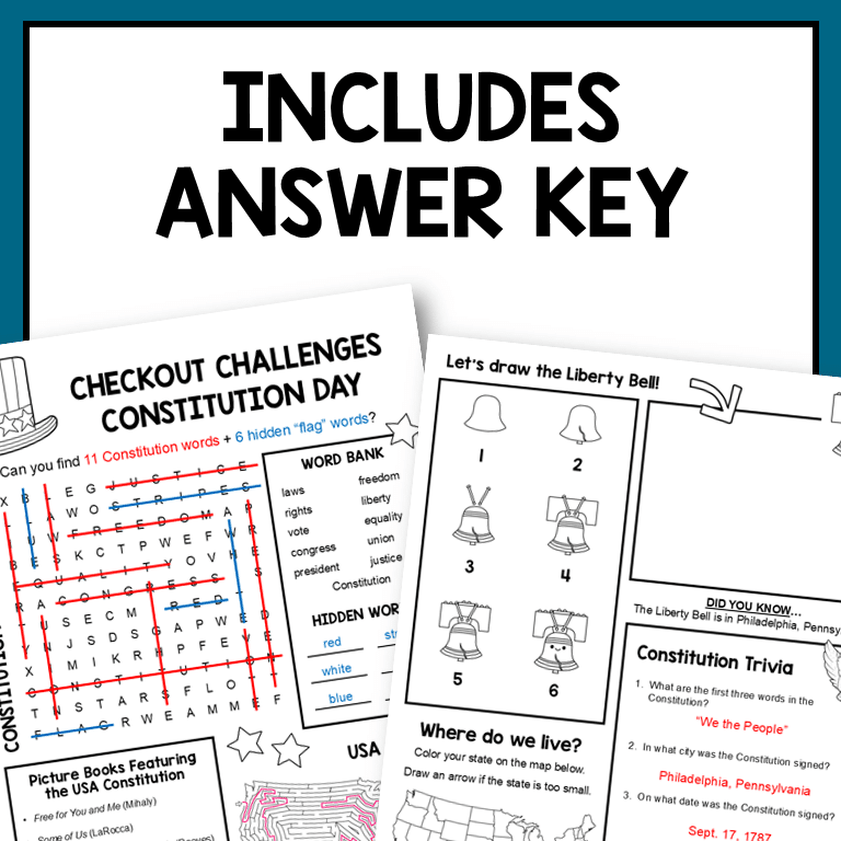 These Constitution Day Checkout Challenges also work for America 250. They are designed to keep students engaged during library checkout. Two printable pages, no-prep!
