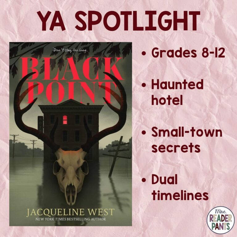 YA Spotlight for Black Point by Jacqueline West. Image includes book cover, plus bullet points that say: Grades 8-12, Haunted hotel, Small-town secrets, and Dual timelines.