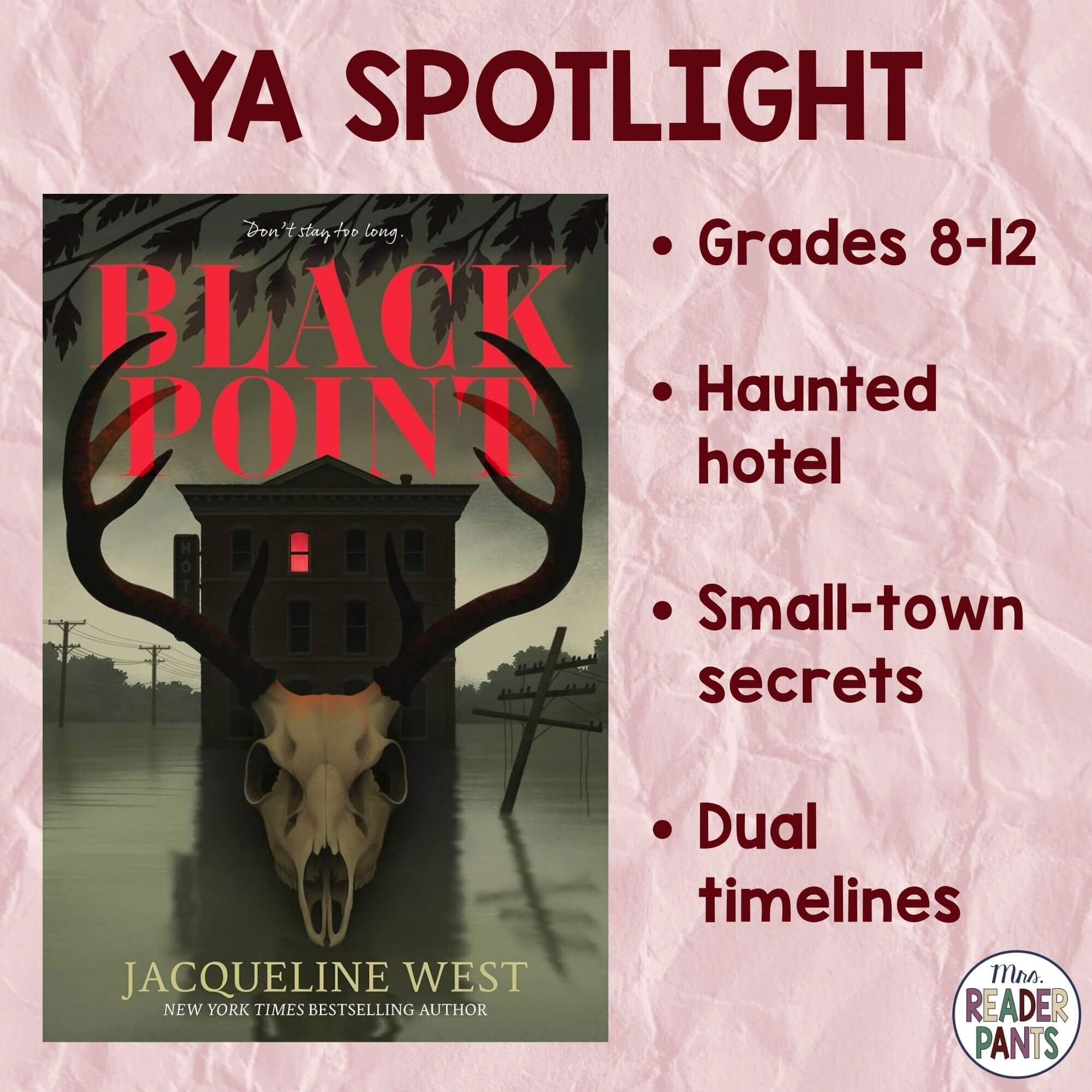YA Spotlight for Black Point by Jacqueline West. Image includes book cover, plus bullet points that say: Grades 8-12, Haunted hotel, Small-town secrets, and Dual timelines.