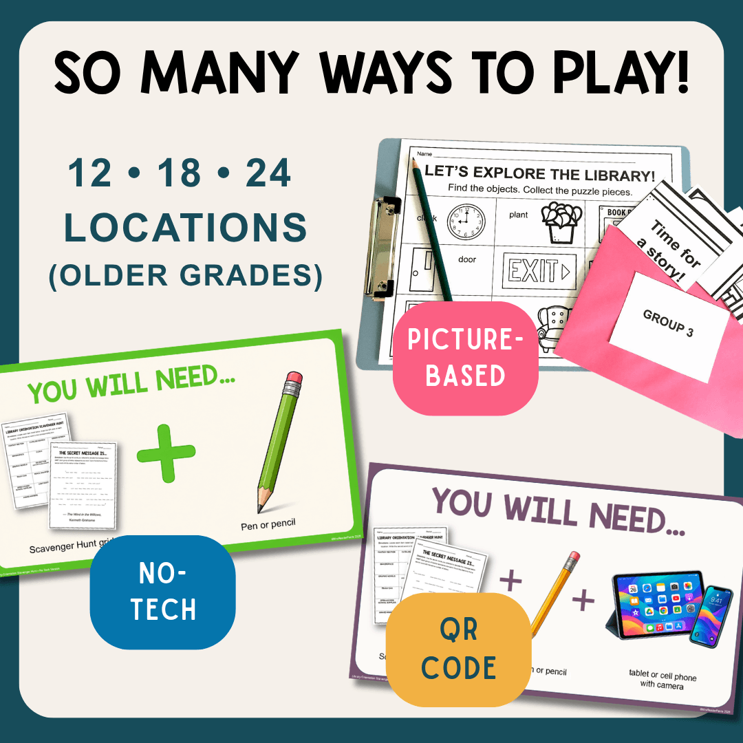 This Library Orientation Scavenger Hunt bundle includes three full scavenger hunts for back to school: K-2 & ELL, Grades 3-6, and Grades 6-9.
