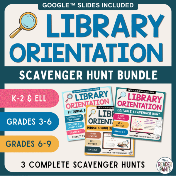 This Library Orientation Scavenger Hunt bundle includes three full scavenger hunts for back to school: K-2 & ELL, Grades 3-6, and Grades 6-9.