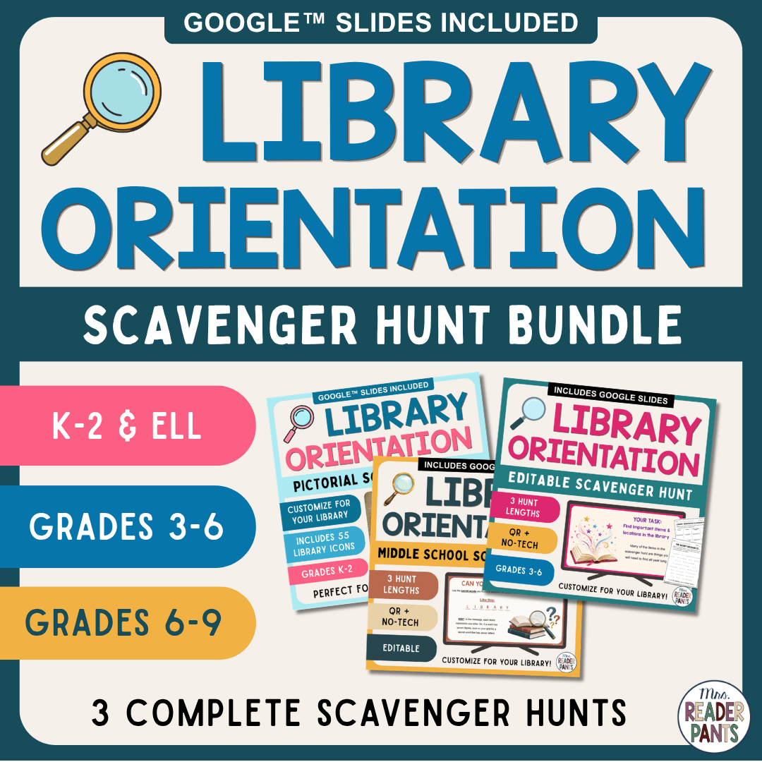 This Library Orientation Scavenger Hunt bundle includes three full scavenger hunts for back to school: K-2 & ELL, Grades 3-6, and Grades 6-9.
