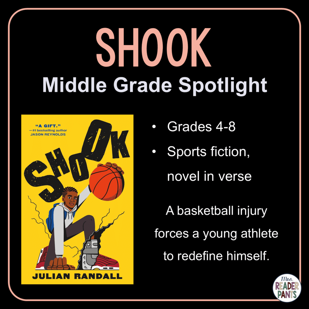 Shook by Julian Randall is a middle grade sports fiction novel in verse for Grades 4-8. Great for reluctant readers! Image includes the cover of Shook on a light blue background.
