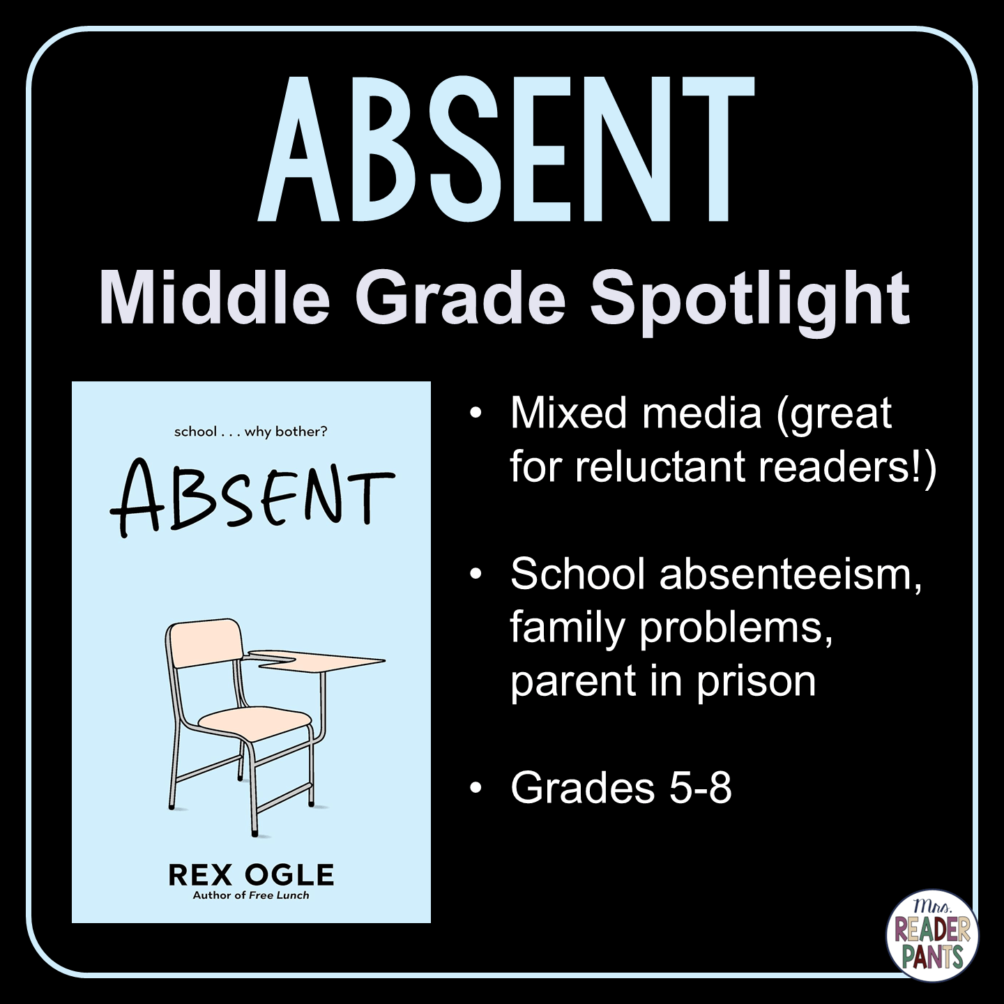 Absent by Rex Ogle is a middle grade book about school absenteeism, told from the perspectives of three middle school boys. The mixed-media format is excellent for reluctant readers. Recommended for Grades 5-8.