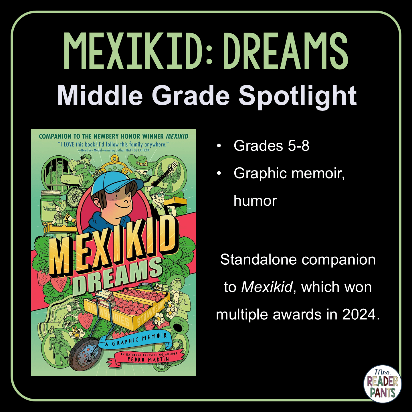 Mexikid Dreams by Pedro Martin is the stand-alone companion to Mexikid (2023). Recommended for Grades 5-8.