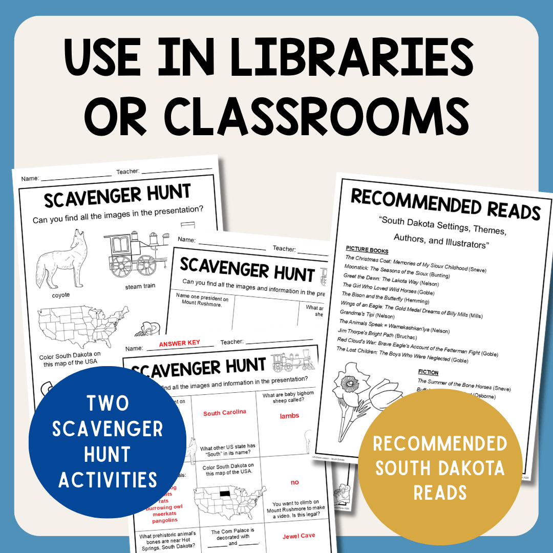 This South Dakota Library Lesson includes a presentation and two scavenger hunt activities for Grades 2-5.